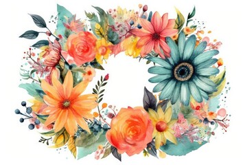 colorful floral wreath created with watercolors. Generative AI
