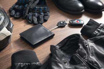 Outfit of biker and accessories. The lifestyle of a rider