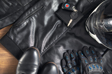 Outfit of biker and accessories. The lifestyle of a rider