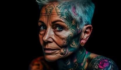 A heavily facial and head tattooed older woman with short gray hair looks to the camera. Generative AI