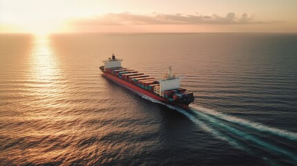Naklejka premium Aerial view of a container ship transporting cargo as it travels from a cargo yard port to a bespoke ocean freight shipping idea. generative ai.