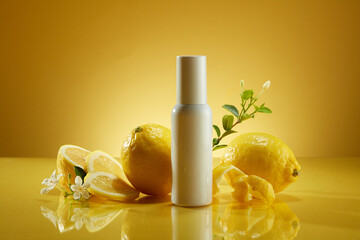 Front view of white bottle unlabeled surrounded by fresh lemons and slices, green leaves and white flower on yellow background. Mockup for cosmetic of lemon extract. Advertising photo