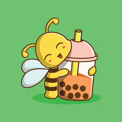 Vector Cute Bee Hugging Bubble Tea Cartoon Character Illustration