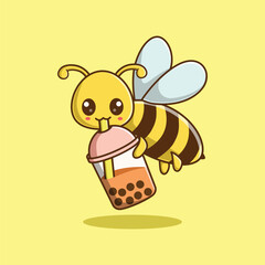 Vector Cute Bee Bubble Tea Cartoon Character Illustration