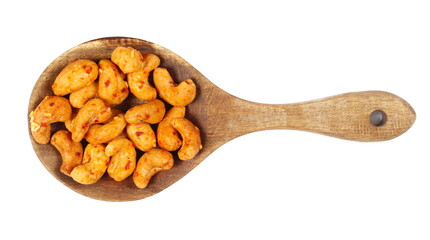 Cashews nuts with cheese and chilli in wooden spoon isolated on white, top view 