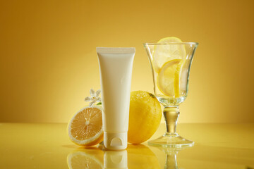 Simple but classy concept for cosmetic advertisement with lemon extract. Plastic tube unlabeled, lemons and glass cup on yellow background. Mockup for design, organic cosmetics, beauty product concept