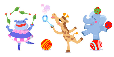 Set of cute circus animals. Hippo juggler, elephant with balls and giraffe with soap bubbles. Cartoon style illustration. Isolated character for design on white background. Vector illustration.
