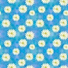 Chamomile pattern. Delicate flowers on a blue background. Sky background. Gift for a woman on the day of love. Valentine's Day. Festive drawing for New Year and Christmas