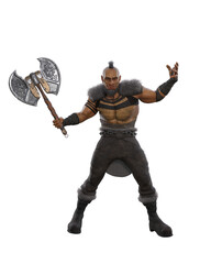 Fantasy Orc warrior standing in aggressive pose with double headed axe in hand. Isolated 3D illustration.