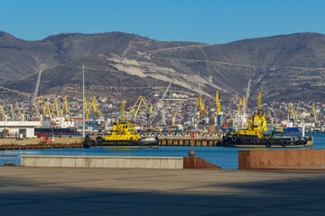 Fototapeta premium View of Novorossiysk Commercial Sea Port to container ships, Port cranes. Turquoise water in foreground. Largest Russian port in Tsemes bay of the Black Sea. Novorossiysk, Russia - December 20, 2022