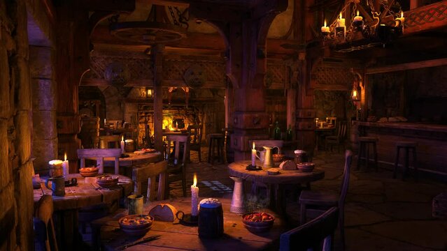 Cosy atmospheric medieval inn with dinner on the table lit by candlelight. 3D animation.