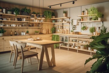 Eco kitchen with sustainable parquet floor, wooden shelves, dining table, potted plants. Natural and recyclable architecture. Generative AI