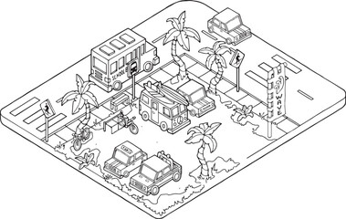 Anti-stress coloring book in isometric style with elements of transport, bus, bicycles, cars, grass, bench, stop, wheels, road, bushes, flag, parking