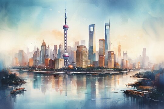 Colorful watercolor illustration of Shanghai's cityscape. Generative AI