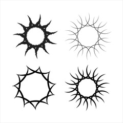 Set of circle icons with rays as celtic sun for logo. Black sketch for tattoo or yoga
