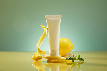 Front view of a white plastic bottle unbranded placed on lemon slices, decorated with peel and...