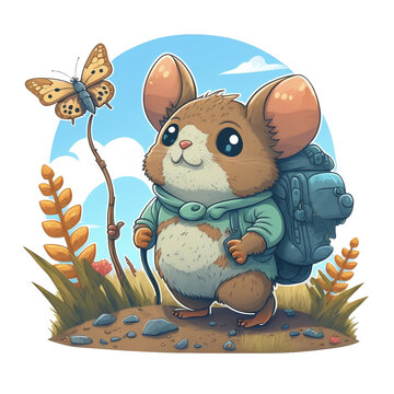 Drawing of a mouse in cartoon style, starting a journey