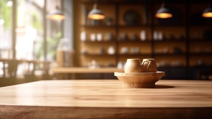 Wooden Table in Blurred Cafe Background, Perfect for Product Display and Decoration