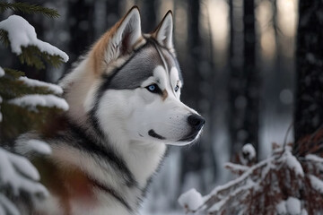 Siberian husky in winter forest. Generative AI