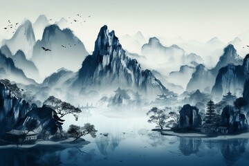 A scenic traditional Chinese ink painting of mountains and water in blue and black colors. 4k wallpaper. Asian drawing. Generative AI