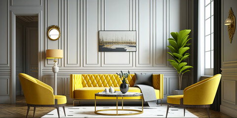 Beautiful Modern art deco interior design of apartment, living room with yellow sofa. Generative AI