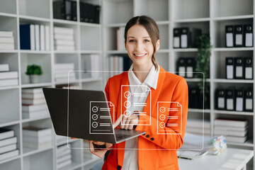 Online business contract Electronic signature, e-signing, digital document management, paperless office, Caucasian business hand working at office.