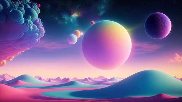 A Captivating Image Of A Colorful Landscape With Planets And Clouds AI Generative