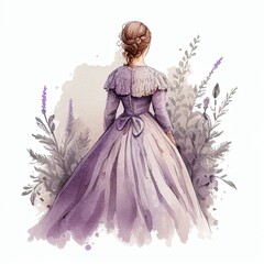 woman, girl in a puffy dress back view watercolor style Generative AI