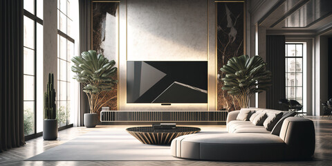 Big TV wall screen in modern living room. Generative AI