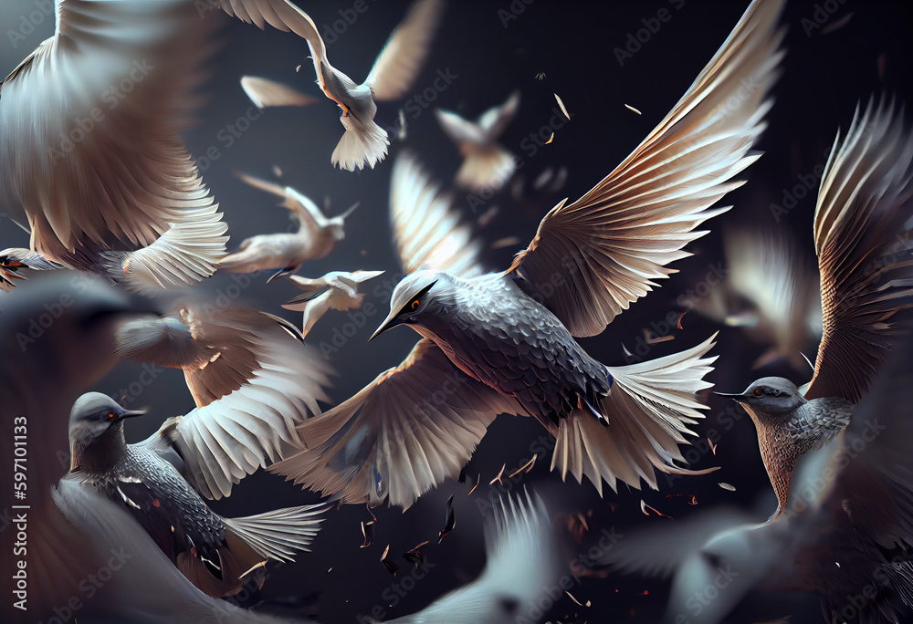 Aufkleber a flock of birds in a chaotic flurry of feathers and beating wings. generative ai technology.