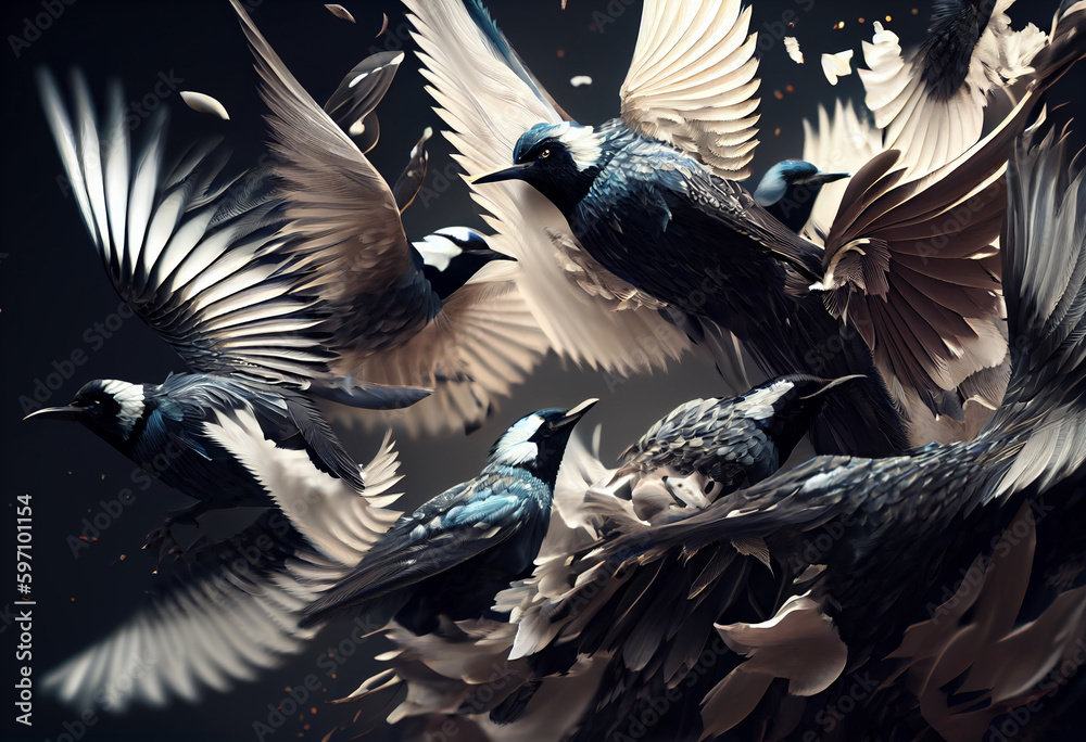 Poster A flock of birds in a chaotic flurry of feathers and beating wings. Generative AI technology.