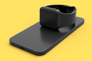 Mockup of smart watches lying on smartphone on yellow monochrome background