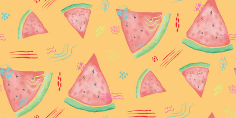 watermelon watercolor seamless repeat pattern. Half drop brick method