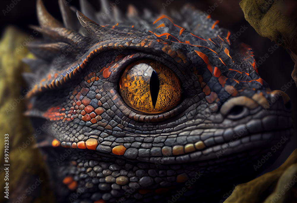 Poster close up of the head of a dragon generative ai technology.