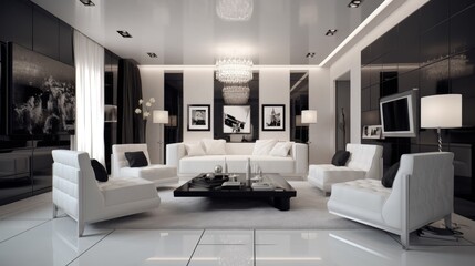 Fototapeta na wymiar Sleek and minimalist living room with bold luxurious style accents. Generative AI