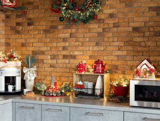 Brick wall and kitchen tools