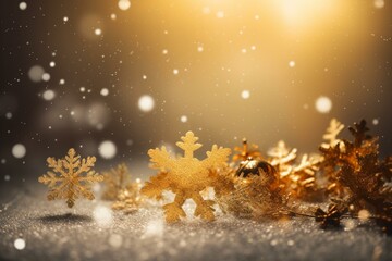 Fototapeta na wymiar Christmas-themed background featuring golden hues with snowflakes. Generative AI