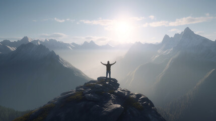 Man standing on the top of the mountain and looking at the sun, success concept