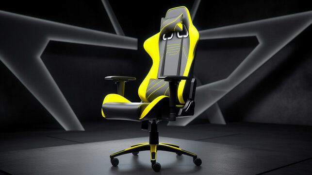 A model of a gaming chair with yellow grey color scheme isolated on abstract background, gaming chair, gaming setup