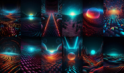 Set of colorful imaginary digital cosmic landscape. Vertical backgrounds for mobile phone