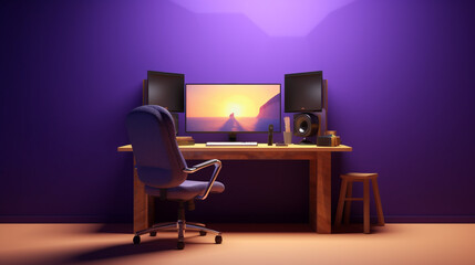 Modern 3d illustration of  gaming room with all accessories, Gaming chair, Gaming PC, gradient background