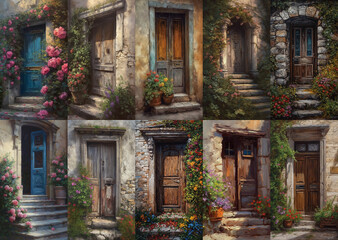 Fototapeta na wymiar Set of vertical backgrounds for mobile phone with beautiful front door of old house with colorful flowers
