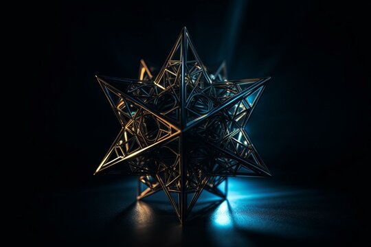 Luminous 3D double tetrahedron star in dark background inspired by sacred geometry. Generative AI
