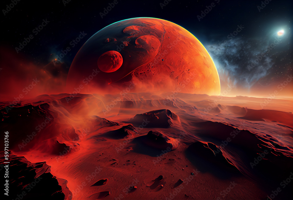 Poster a fiery, red planet with a swirling dust storm that resembles the surface of mars. generative ai tec