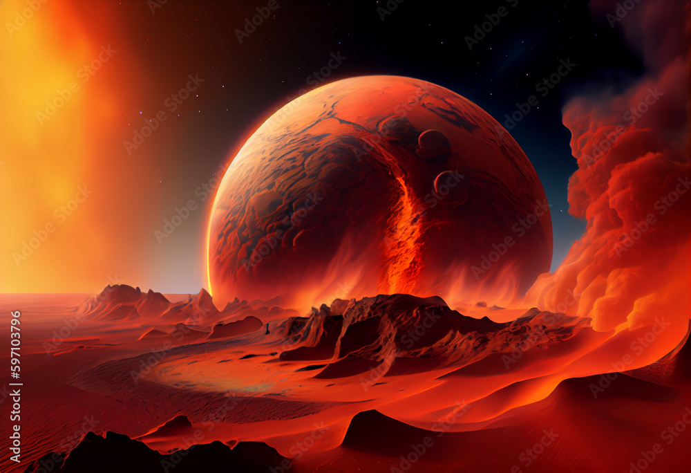 Poster a fiery, red planet with a swirling dust storm that resembles the surface of mars. generative ai tec