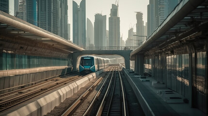 Fototapeta na wymiar Metro railway among glass skyscrapers in Dubai. Traffic on street in Dubai - Generative AI