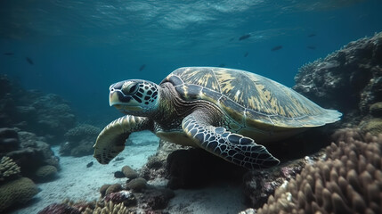 Obraz na płótnie Canvas Sea turtle swimming in undersea, Beautiful Underwater and colorful coral in the wild nature of the Pacific Ocean - Generative AI