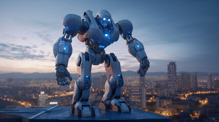 A big robot at the top of the city with background of buildings