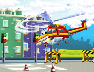 cartoon happy scene with helicopter flying in city artistic painting scene