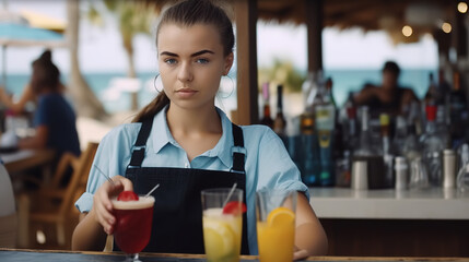 Waitress serving cocktails outdoors. Young woman in uniform serving cold drinks in an outdoor cafe or beach bar - Generative AI